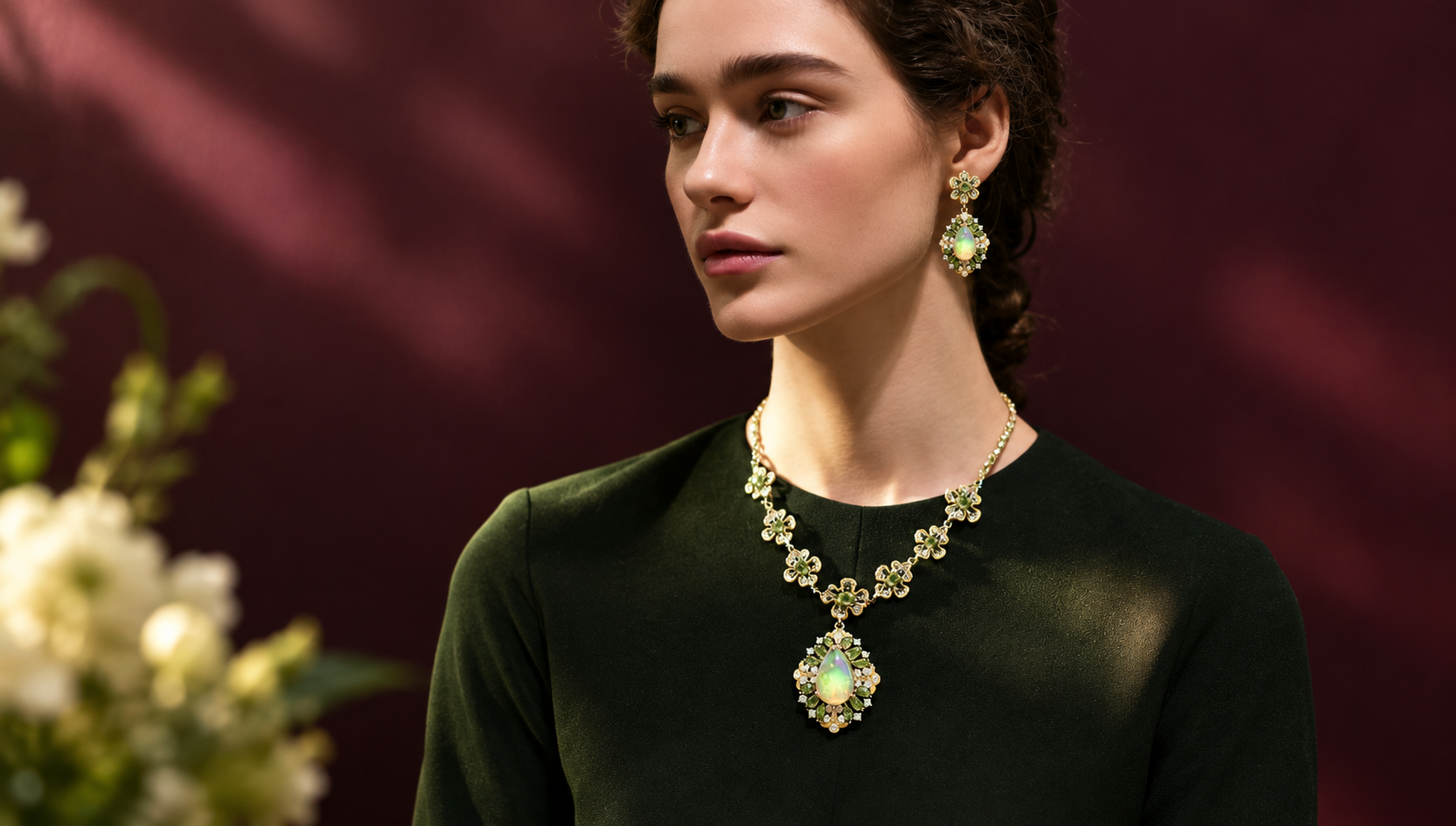 Model wearing a Dimira gemstone pendant in a grand hall