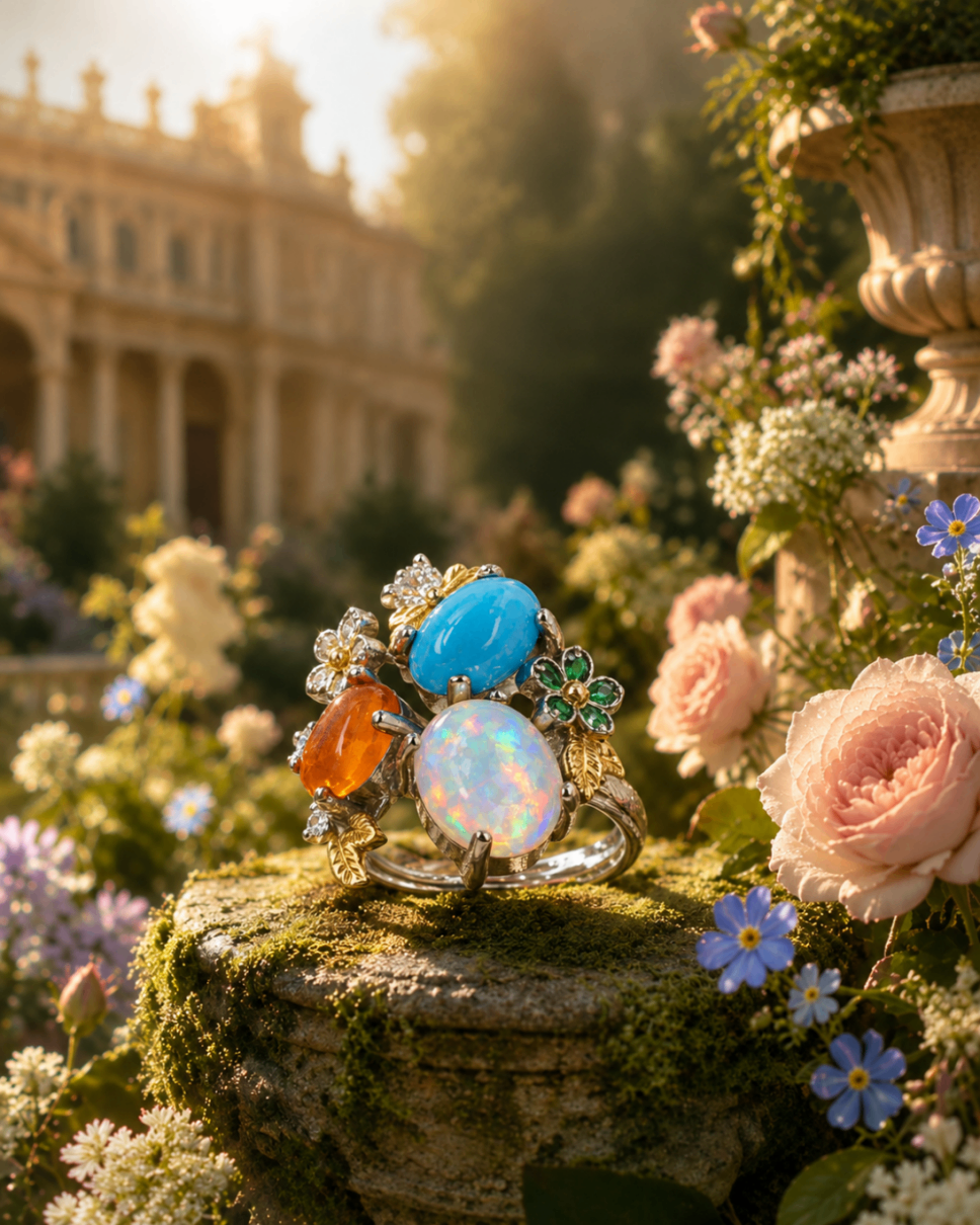 Moonlit Opal Garden Ring in a sunlit garden